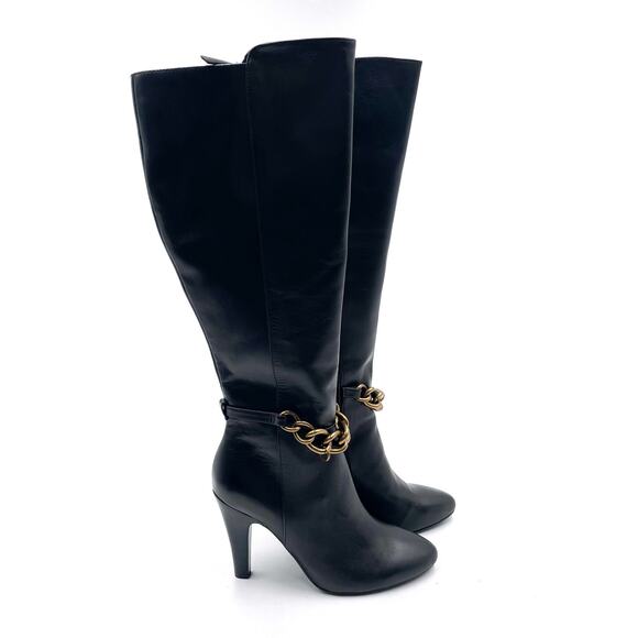 Kurt Geiger Shoreditch Chain Boots Black Leather Heeled Knee Sz 36 / 6